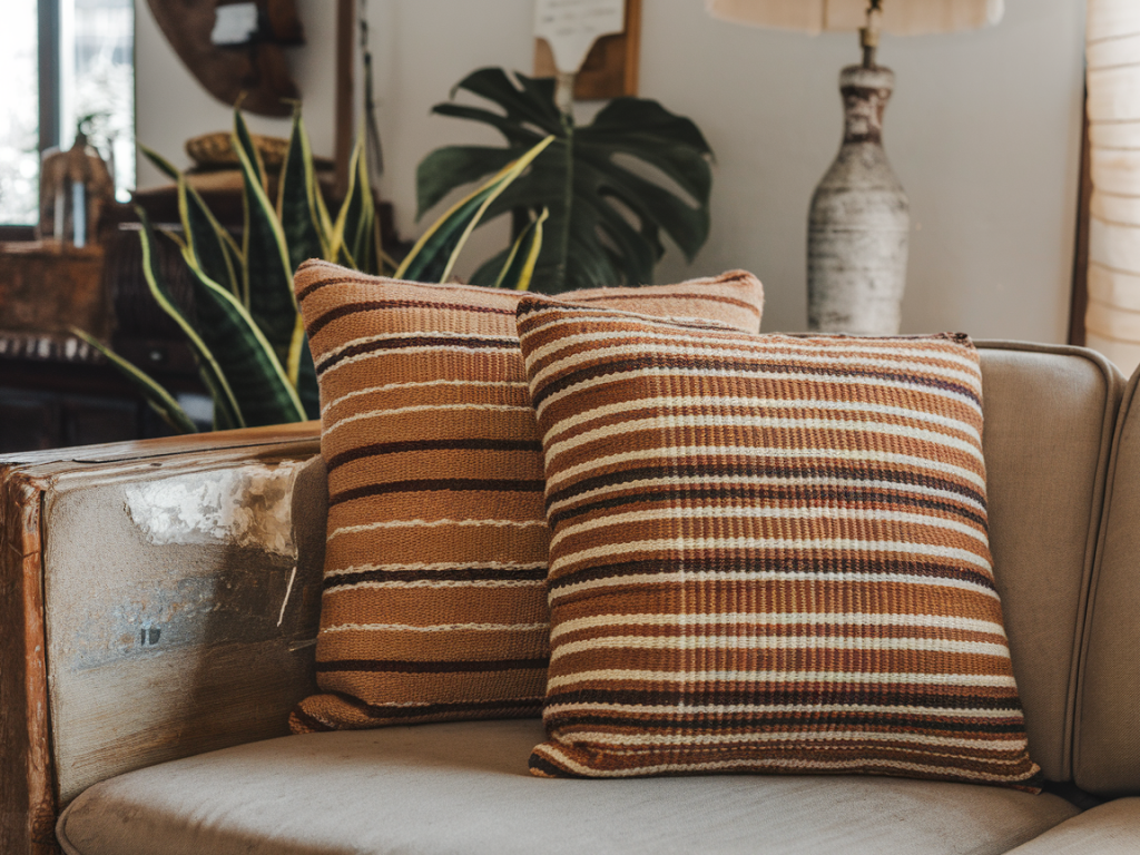 What handwoven cushion combinations from thukthaeshop hide a pet-worn sofa arm while keeping a cohesive color story