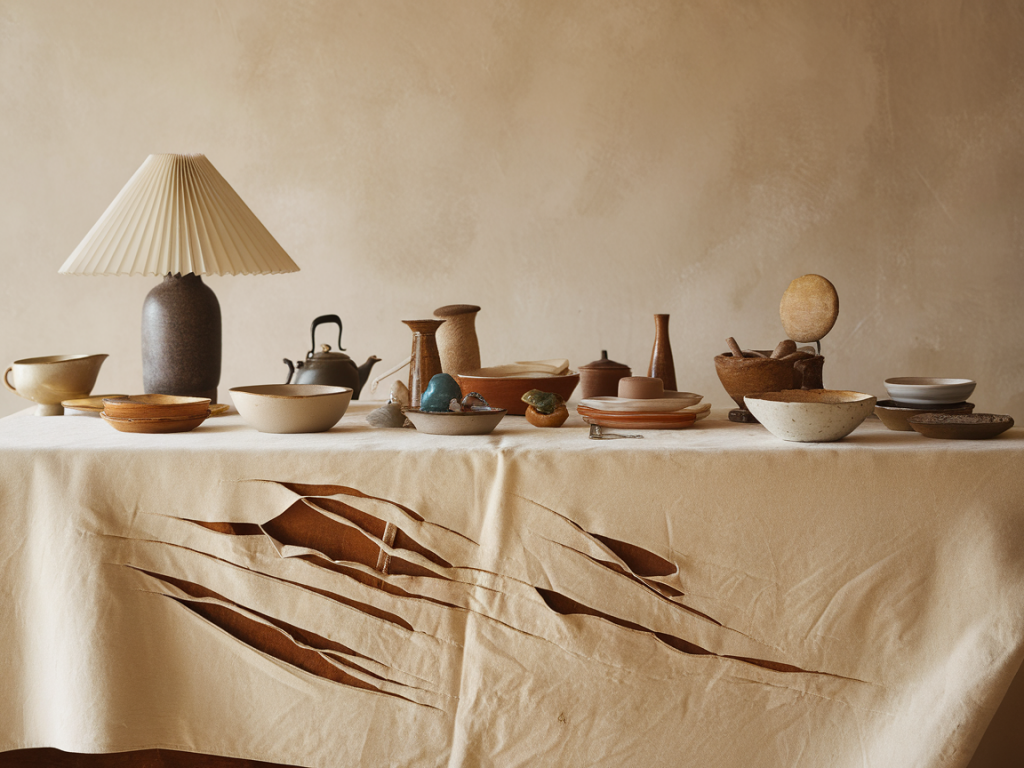 How to hide a scratched dining table with textiles and tableware from thukthaeshop without sanding or refinishing