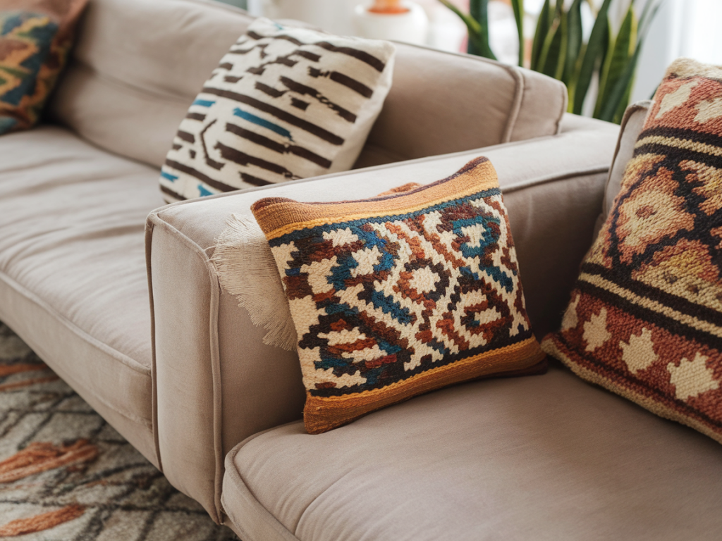 How to hide a pet-worn sofa arm in three steps using specific handwoven thukthaeshop cushions