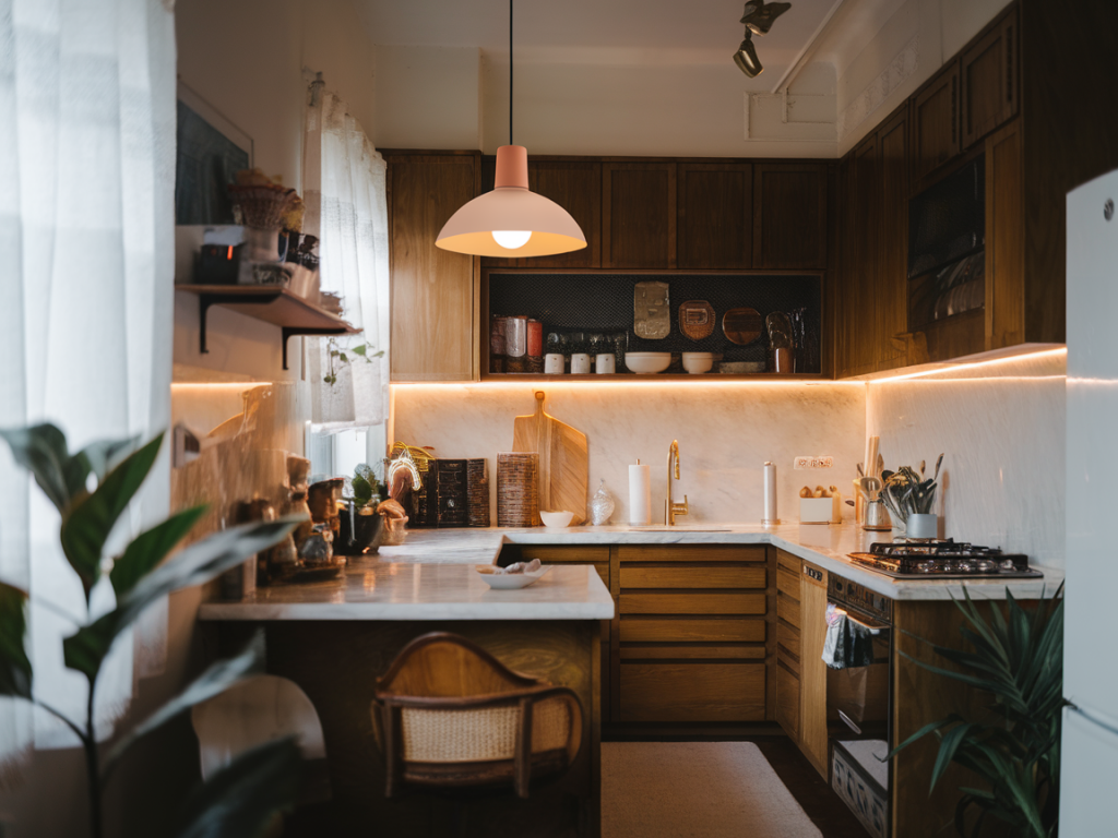 Which thukthaeshop pendant creates layered ambient light for a small open-plan kitchen?