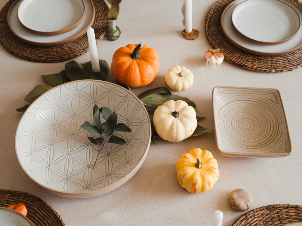Which three thukthaeshop ceramics mix best to build a minimalist autumn centerpiece for a table of four