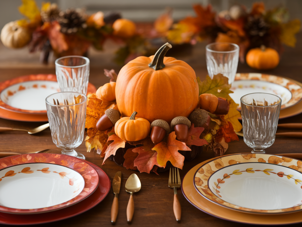What exact thukthaeshop tableware pieces create a striking autumn centerpiece for a table of four?