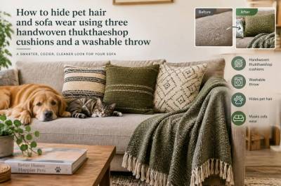How to hide pet hair and sofa wear using three handwoven thukthaeshop cushions and a washable throw