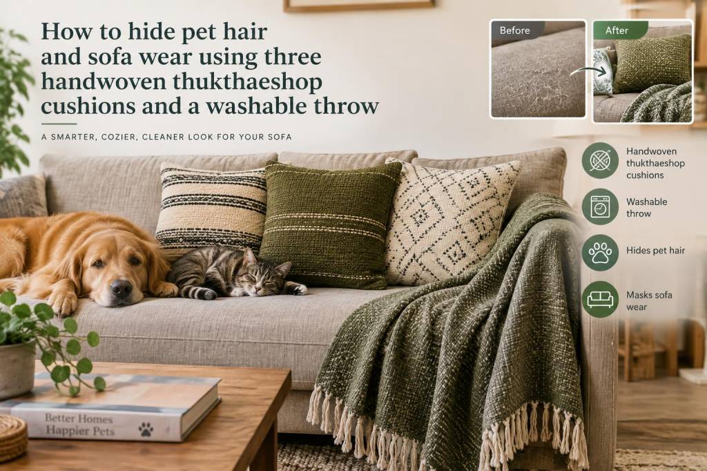 How to hide pet hair and sofa wear using three handwoven thukthaeshop cushions and a washable throw