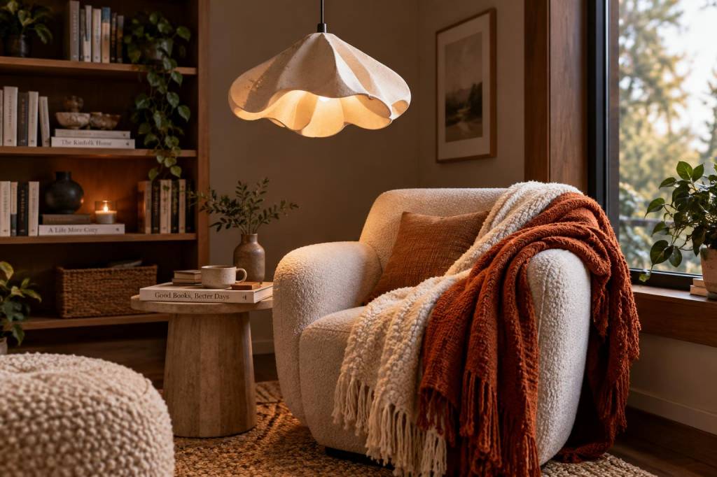 How to create a cozy reading nook with a thukthaeshop sculptural pendant and two layered throws