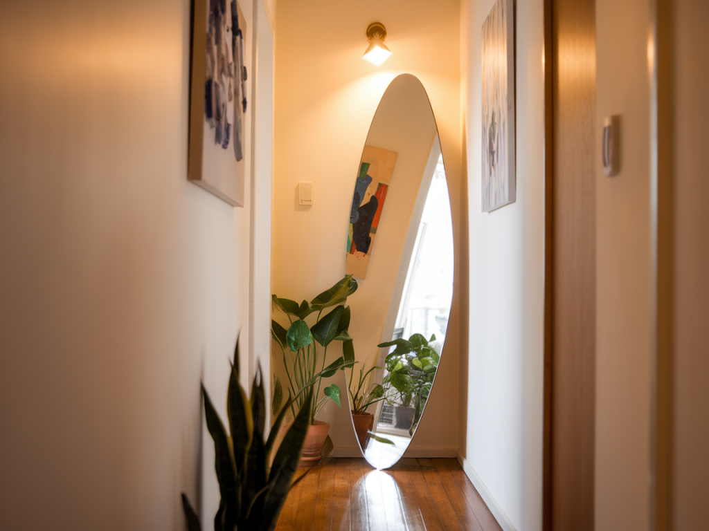 How can a single sculptural mirror from thukthaeshop make a narrow hallway feel wider and brighter