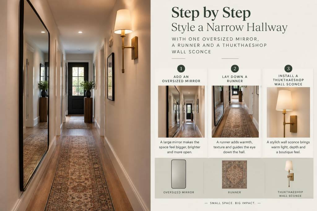 Step-by-step style a narrow hallway using one oversized mirror a runner and a thukthaeshop wall sconce