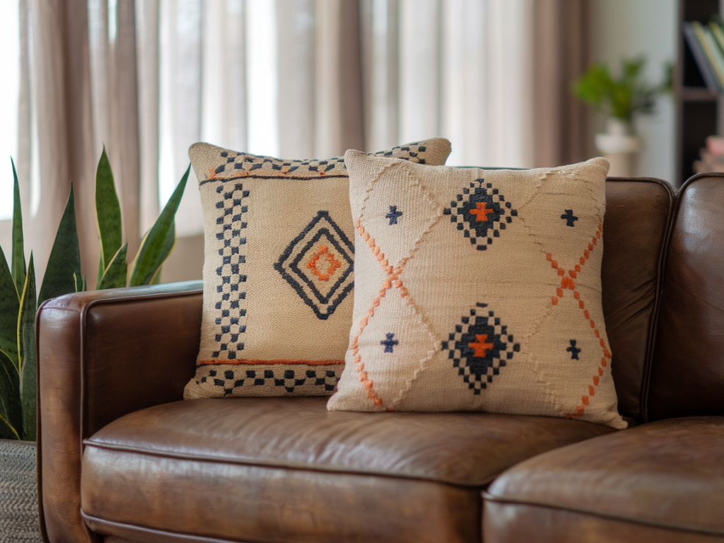 Step-by-step plan to hide a stained sofa arm with three handwoven cushions from thukthaeshop