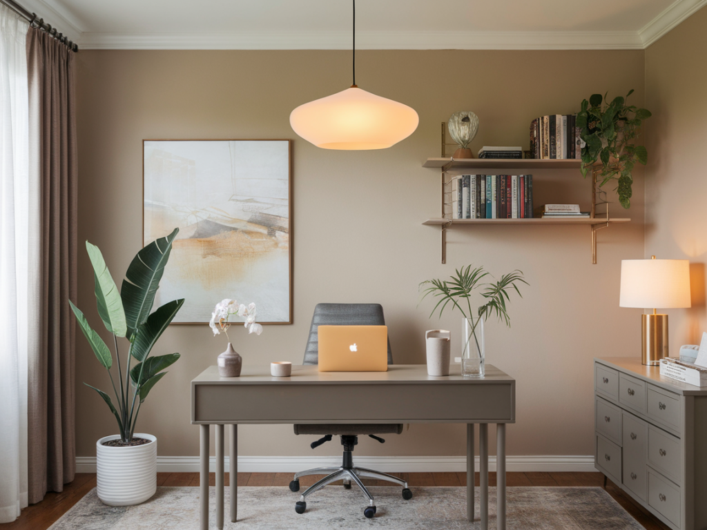 Which thukthaeshop pendant and dimmable bulb combo creates soft task light for a multifunctional home office